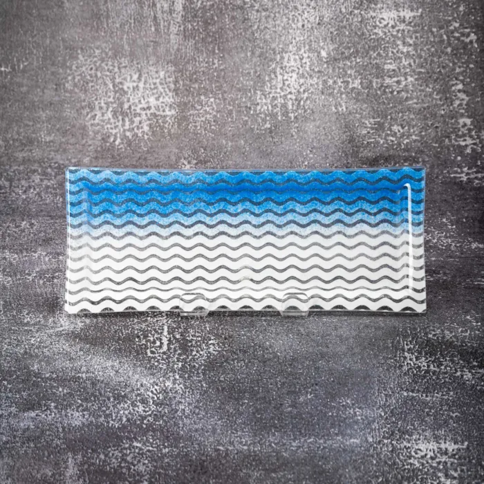 Rectangular Rim Plate Blue & White Curly Waves - Image 1